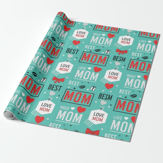 Modern Turquoise MOM Typography Pop Pattern Wrapping Paper (Unrolled)