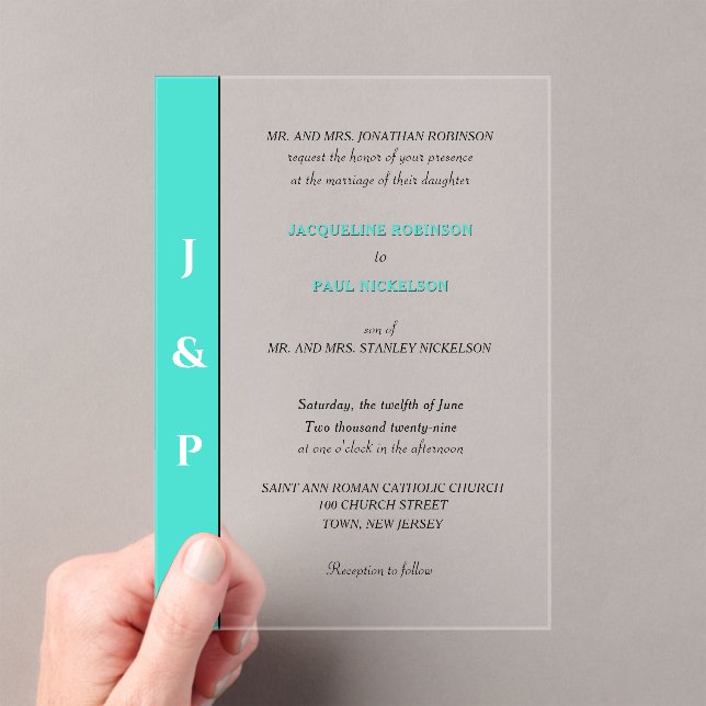 Modern Turquoise Monogram Bride and Groom  Acrylic Invitations (Insitu (Handheld))