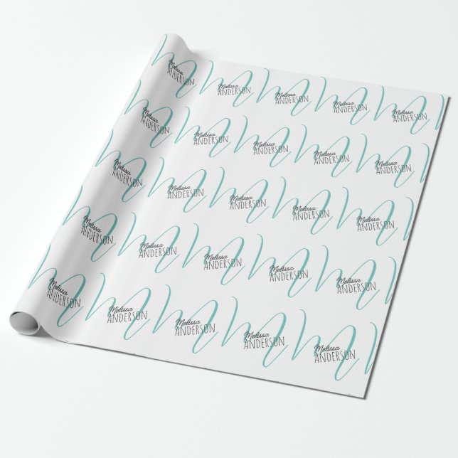 Modern Turquoise Monogram Personalised Name Wrapping Paper (Unrolled)