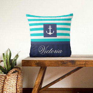 Modern Turquoise Navy Anchor Design Personalised Cushion
