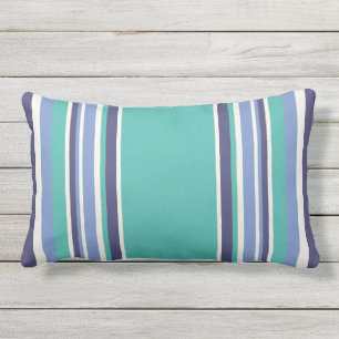 Modern Turquoise Navy Blue Striped Outdoor Lumbar Cushion