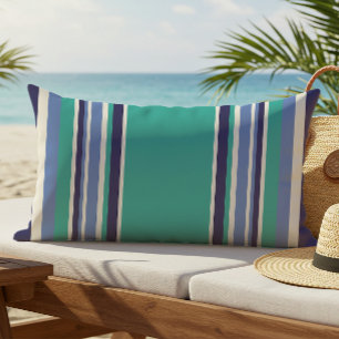 Modern Turquoise Navy Blue Striped Outdoor Lumbar Cushion