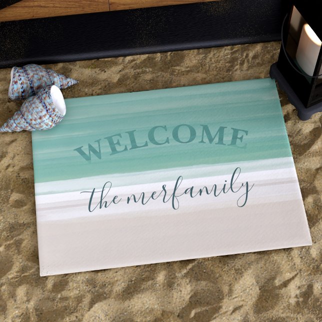 Modern Turquoise Ocean Beach Welcome Doormat (An ocean beach themed doormat to welcome your guests at your Beach House. Just add your name)