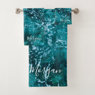 Modern Turquoise Ocean Waves Custom Bath Towel Set