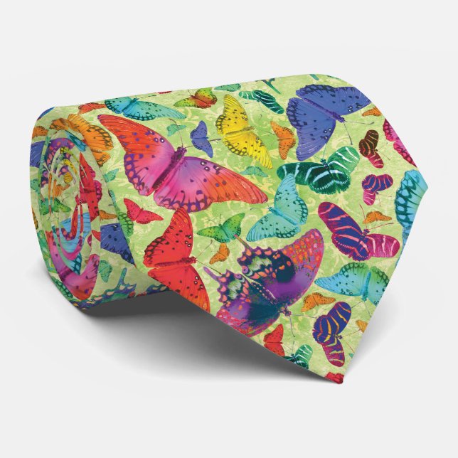 Modern Turquoise Orange Pink Butterfly Pattern` Tie (Rolled)