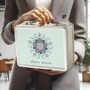 Modern Turquoise & Pink Floral Mandala Doodles  Metal Lunch Box