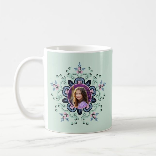 Modern turquoise Pink Floral Mandala Doodles Photo Coffee Mug (Left)