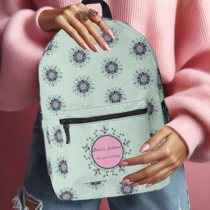Modern turquoise Pink Floral Mandala Doodles Printed Backpack