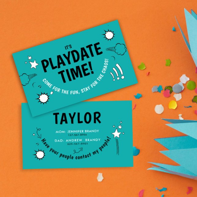 Modern Turquoise Playdate Fun Kid Calling Friends Business Card (Creator Uploaded)