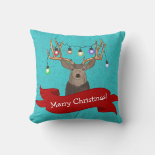 Modern Turquoise Red Christmas Reindeer Lights Cushion