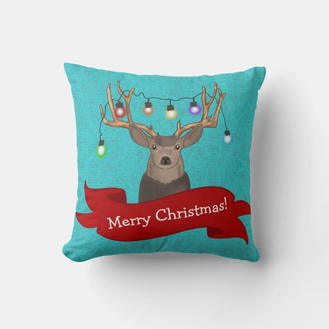 Modern Turquoise Red Christmas Reindeer Lights Cushion (Front)