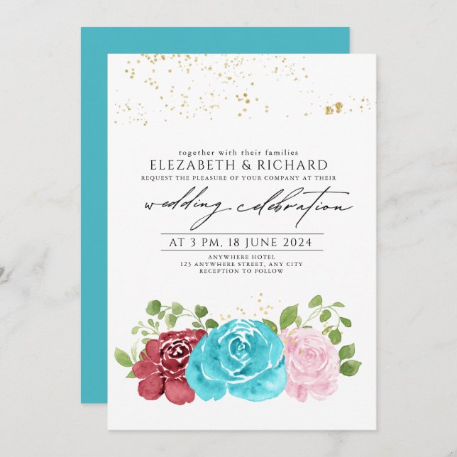 Modern Turquoise  Red Floral Greenery  Wedding  Invitation (Front/Back)