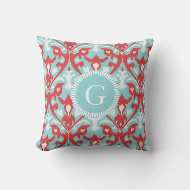Modern turquoise red ikat tribal pattern monogram cushion (Front)