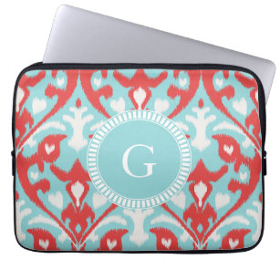 Modern turquoise red ikat tribal pattern monogram laptop sleeve