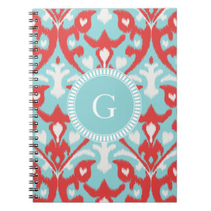 Modern turquoise red ikat tribal pattern monogram notebook