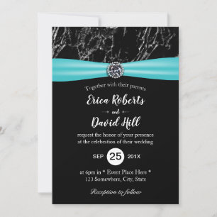 Modern Turquoise Ribbon Black Marble Wedding Invitation