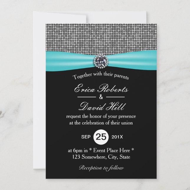 Modern Turquoise Ribbon Silver Glitter Wedding Invitation (Front)