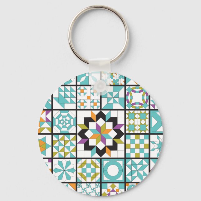 Modern Turquoise Sampler Quilt Pattern Key Ring (Front)