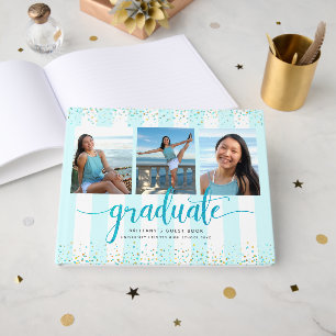 Modern turquoise script graduation photo collage guest book