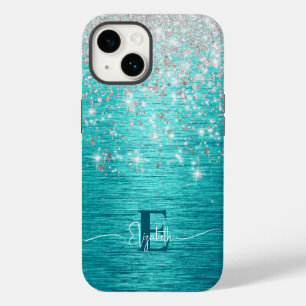 Modern Turquoise Silver faux glitter Monogram Case-Mate iPhone 14 Case