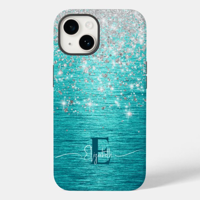 Modern Turquoise Silver faux glitter Monogram Case-Mate iPhone Case (Back)