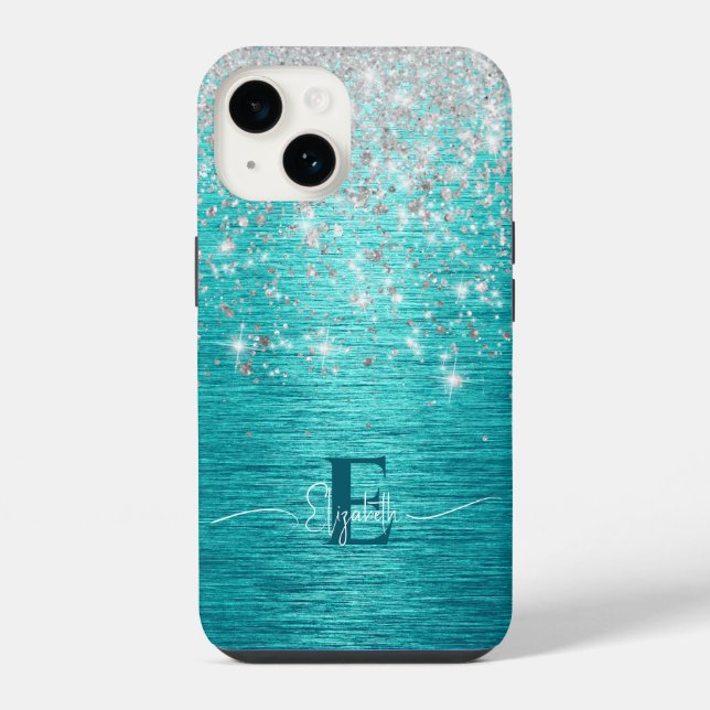 Modern Turquoise Silver faux glitter Monogram iPhone Case (Back)