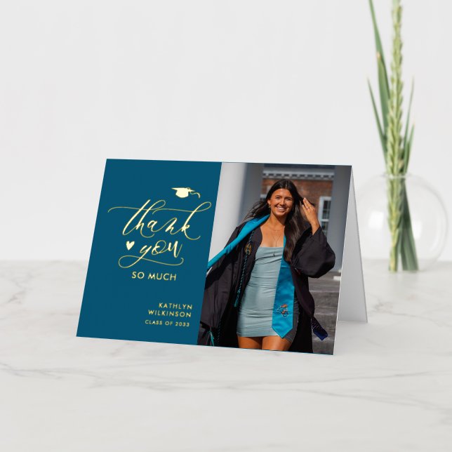 Modern Turquoise Simple Photo Graduation Thank You Foil Greeting Card (Front)