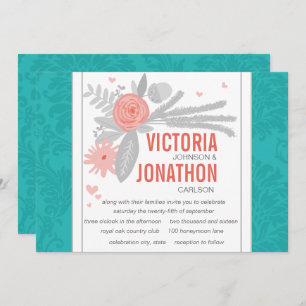 Modern Turquoise Teal Damask Wedding Invitation
