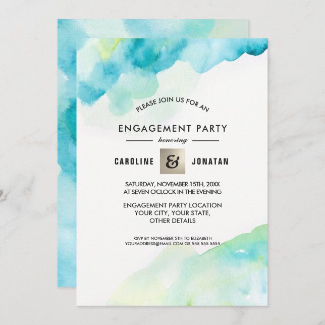 Modern Turquoise Watercolor Engagement Party  Invitation (Front/Back)