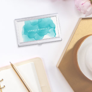 Modern Turquoise Watercolor   Personalised Business Card Holder