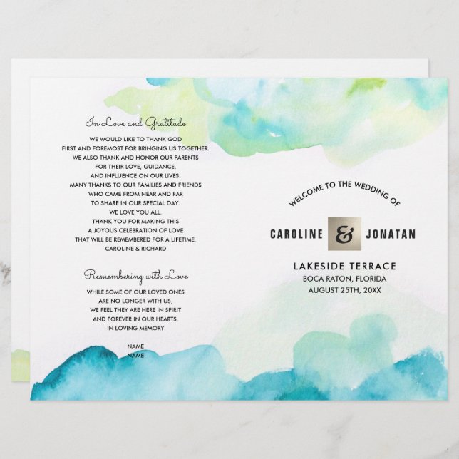 Modern Turquoise Watercolor Wedding Programs (Front/Back)