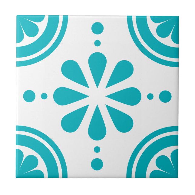 Modern Turquoise White Floral Pattern Tile (Front)