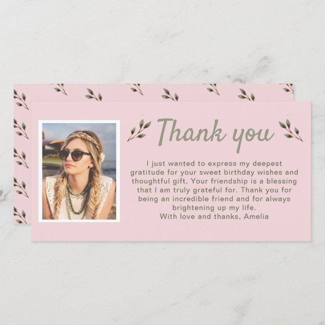 Modern Twigs Photo Birthday  Thank You Card (Front/Back)