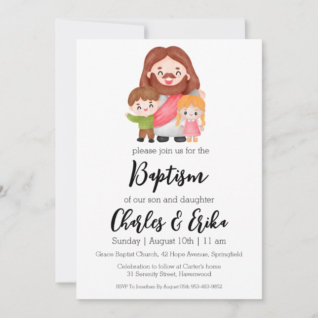 modern twin baptism invitations (Front)