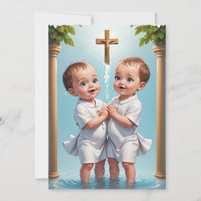 modern twin baptism invitations (Front)