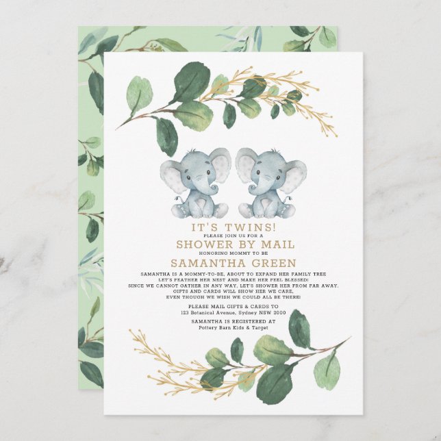Modern Twin Elephant Greenery Baby Shower By Mail Invitation (Front/Back)
