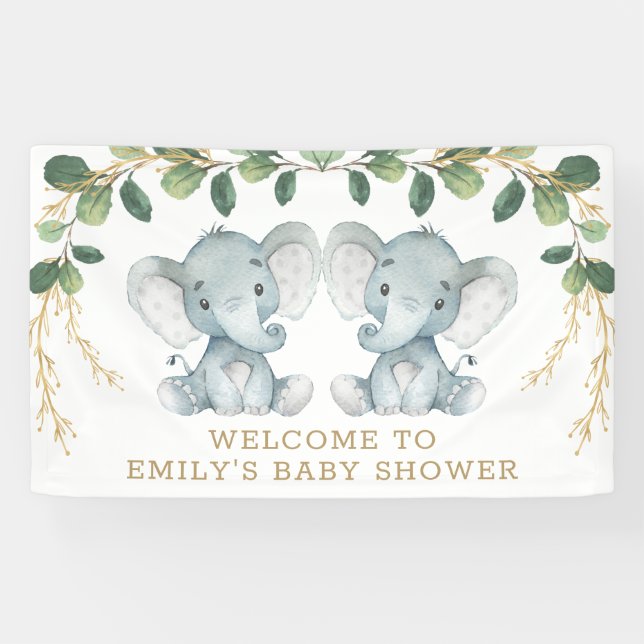 Modern Twin Elephant Jungle Greenery Baby Shower Banner (Horizontal)