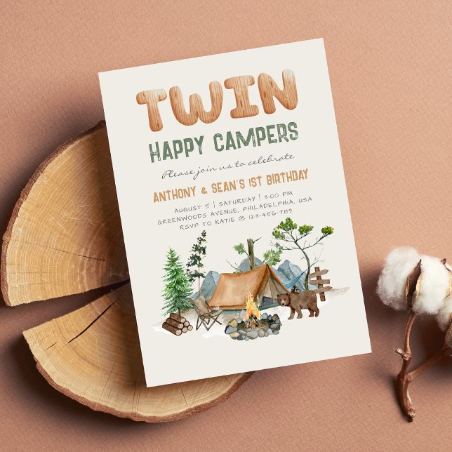 Modern Twin Happy Campers Woodland 1st Invitation (Creator Uploaded)