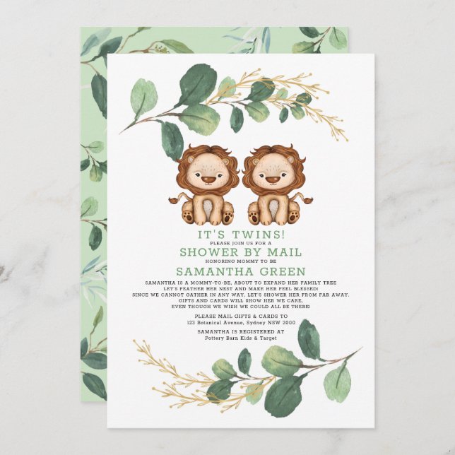 Modern Twin Lion Greenery Gold Baby Shower By Mail Invitation (Front/Back)