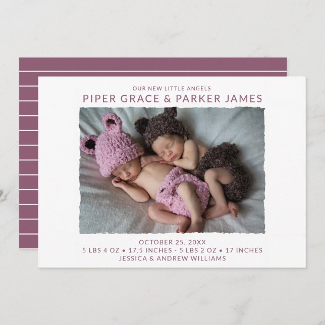 Modern Twin Photo Birth Announcement (Front/Back)