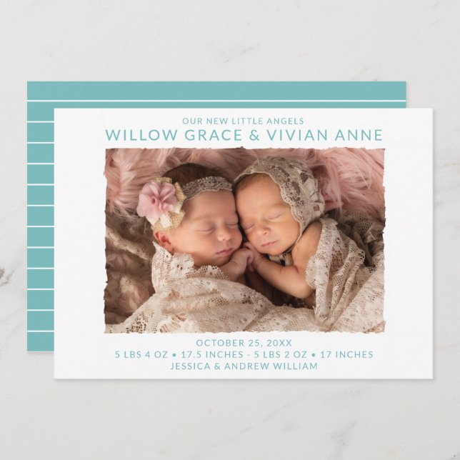 Modern Twin Photo Birth Announcement (Front/Back)