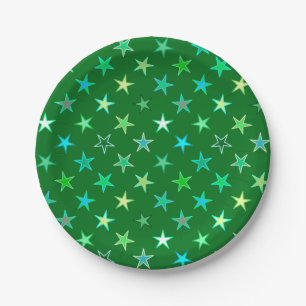 Modern Twinkling Stars, Emerald and Lime Green Paper Plate
