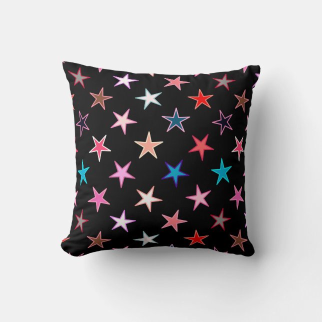 Modern Twinkling Stars, Jewel Colours on Black Cushion (Front)