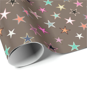 Modern Twinkling Stars, Taupe Tan & multi Pastels Wrapping Paper