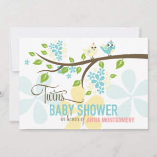 Modern Twins Boys Cute Birds & Flowers Baby Shower Invitation