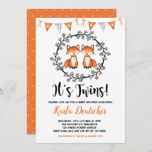 Modern Twins Fox Baby Shower Orange Black Party Invitation