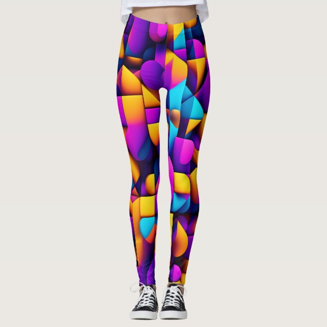 Modern twitch 3D Yellow Violet Isometric Pattern Leggings (Front)