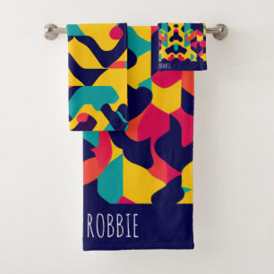 Modern twitch Yellow Blue Pink Geometric Pattern Bath Towel Set