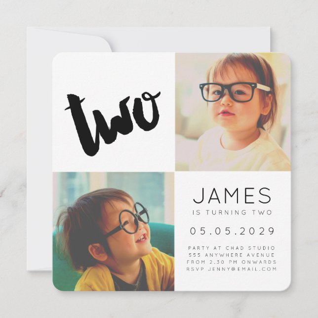 Modern TWO 2nd Birthday Party Boy Girl Photo Card (Front)