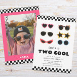 Modern Two Cool Sunglasses Girl 2nd Birthday  Invitation<br><div class="desc">This fun second birthday invitation has multicolor assorted sunglasses clipart and a race stripe border. The unique back of the invitation has a matching pink and race stripe border with your child's photo.</div>